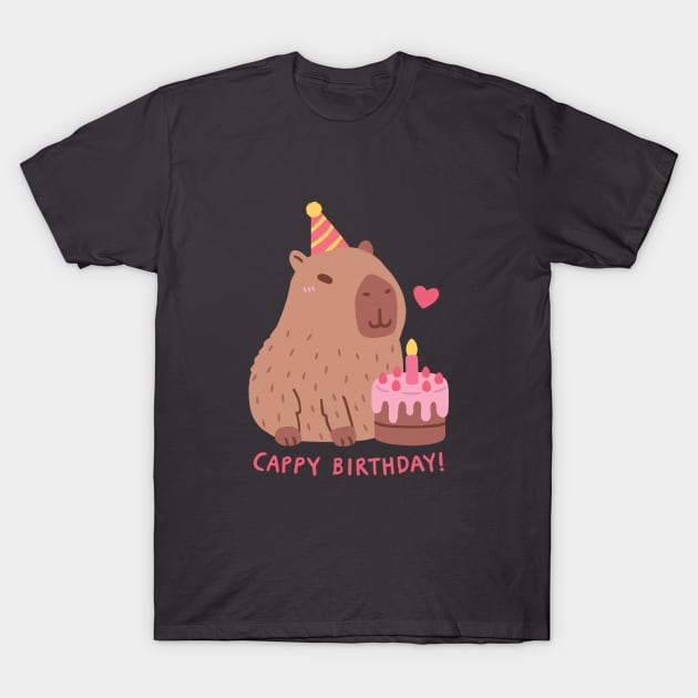 Cute Capybara And Cake, Happy Cappy Birthday T-Shirt by rustydoodle